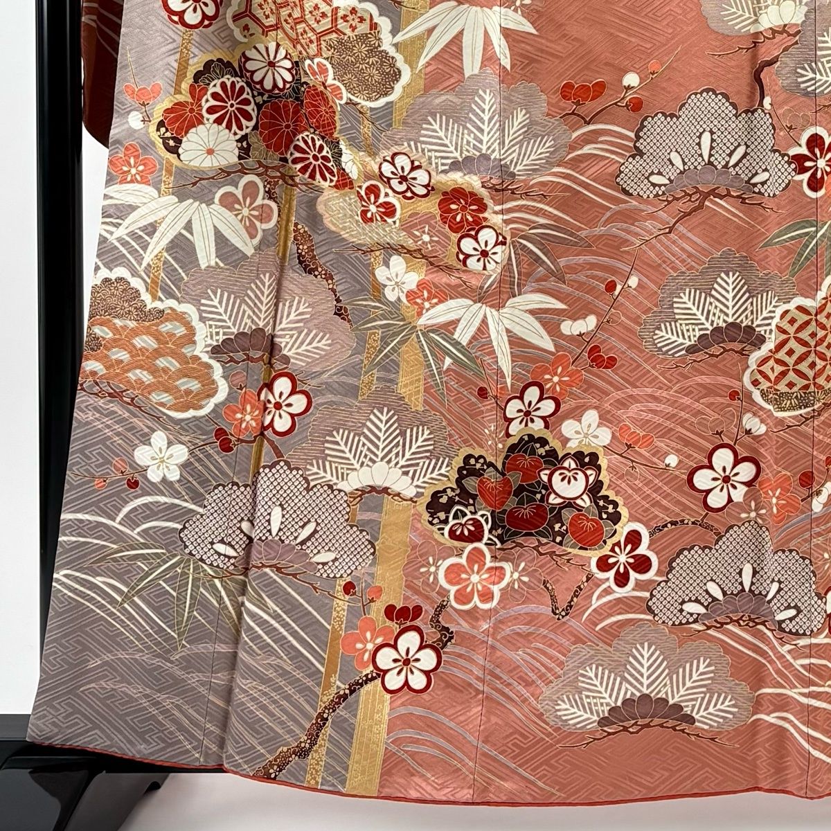 振袖 身丈160.5 cm 裄丈65 M 袷 松竹梅 菊 金彩 ピンクベージュ 正絹