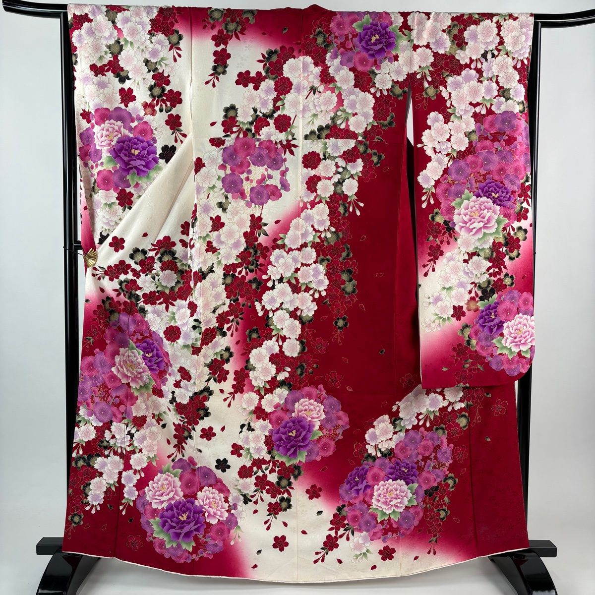 美品】 振袖 身丈165cm 裄丈65.5cm M 袷 牡丹 桜 箔 金彩 赤 正絹 名品