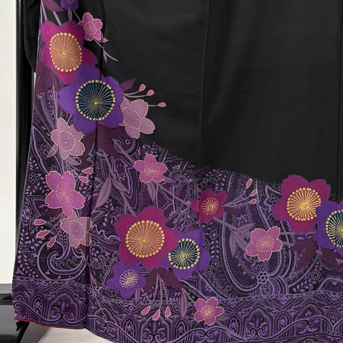 振袖 身丈167 cm 裄丈69 L 袷 Marie Claire 落款 桜 幾何学 金彩 ちりめん 黒 正絹