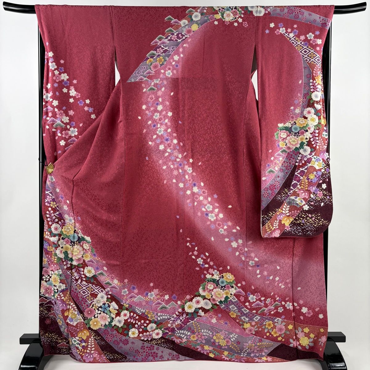 振袖 身丈167cm 裄丈67.5cm L 袷 花丸文 熨斗 金通し 濃ピンク 正絹 名品 【】