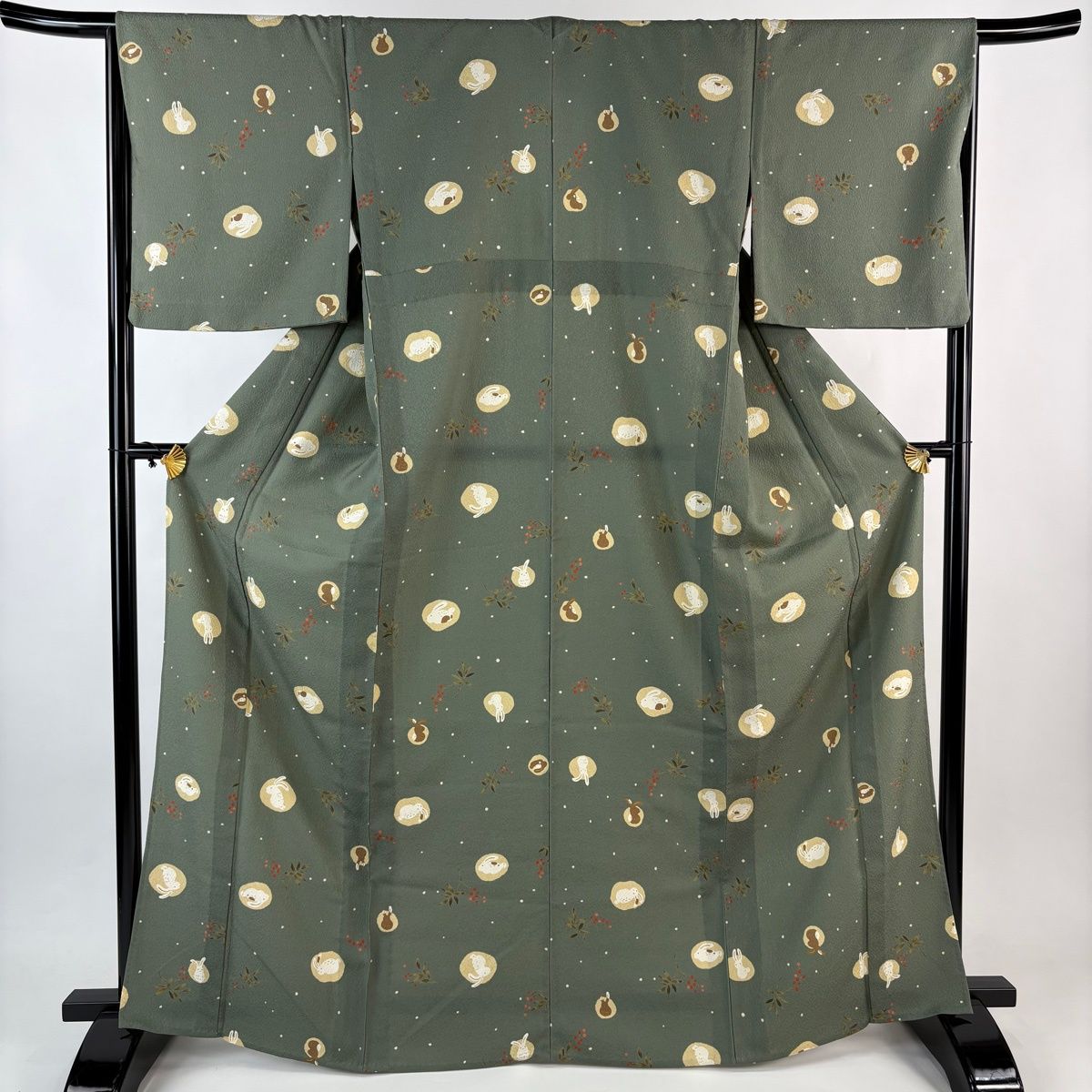 小紋 身丈166 cm 裄丈66 M 単衣 うさぎ 南天 灰緑 正絹