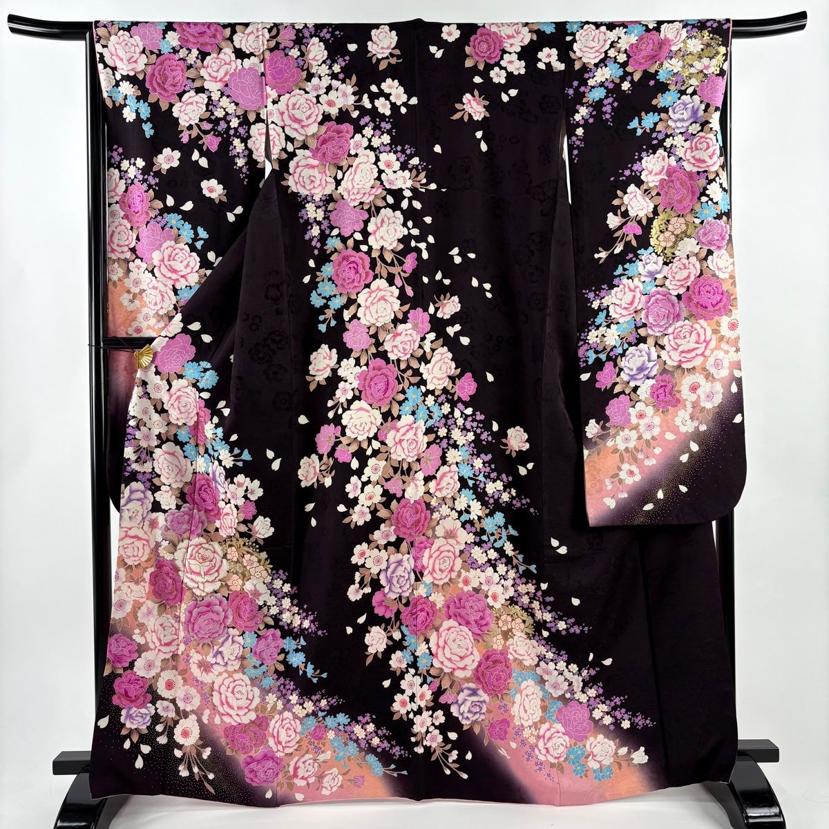 振袖 身丈166 cm 裄丈66 M 袷 薔薇 桜 金銀彩 箔 茶紫 正絹