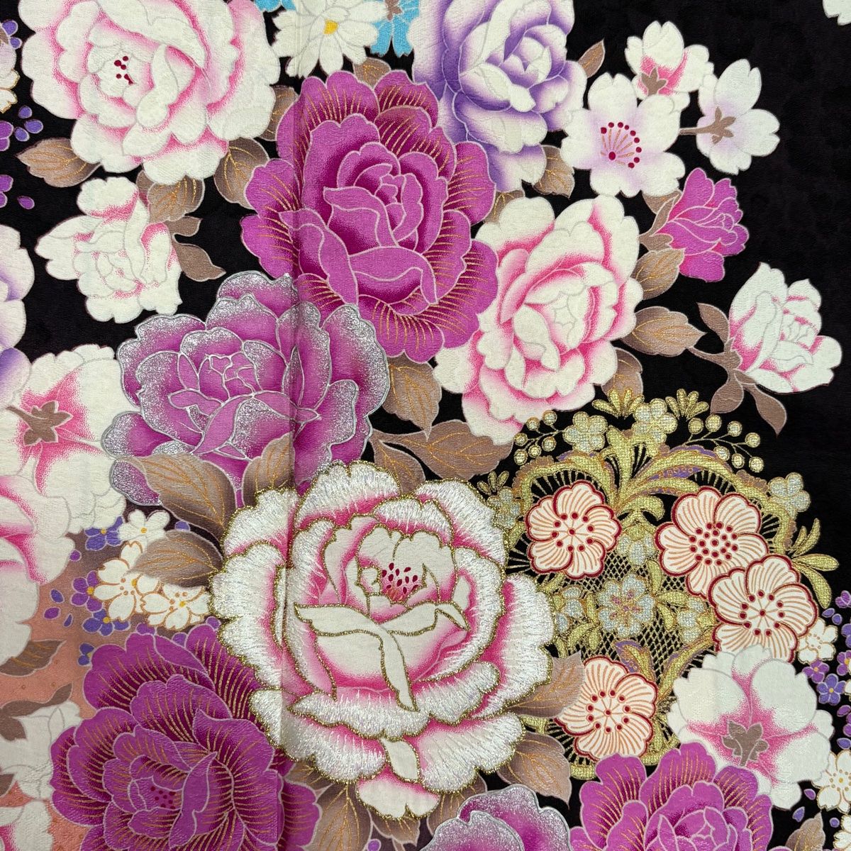 振袖 身丈166cm 裄丈66cm M 袷 薔薇 桜 金銀彩 箔 茶紫 正絹 名品
