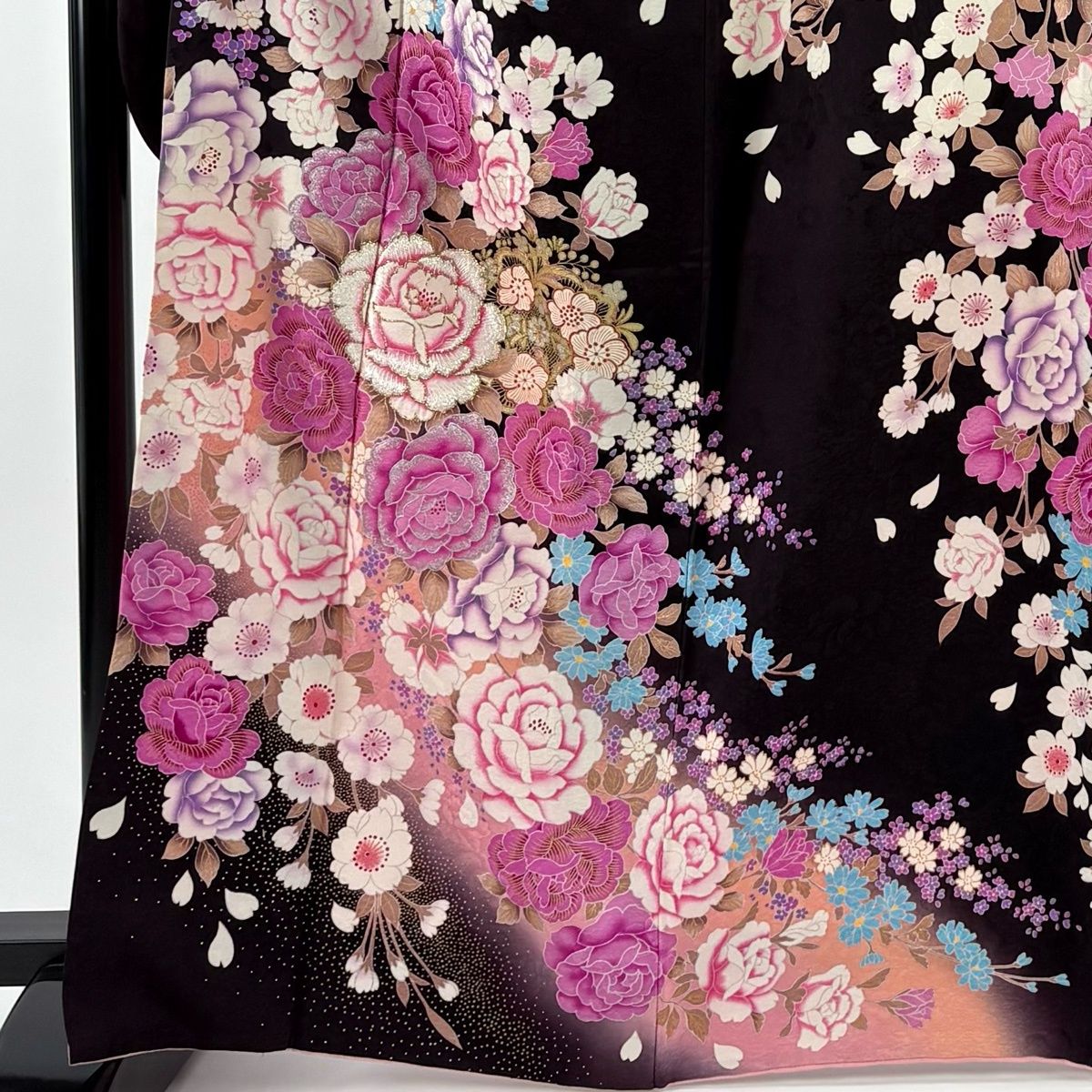 振袖 身丈166 cm 裄丈66 M 袷 薔薇 桜 金銀彩 箔 茶紫 正絹