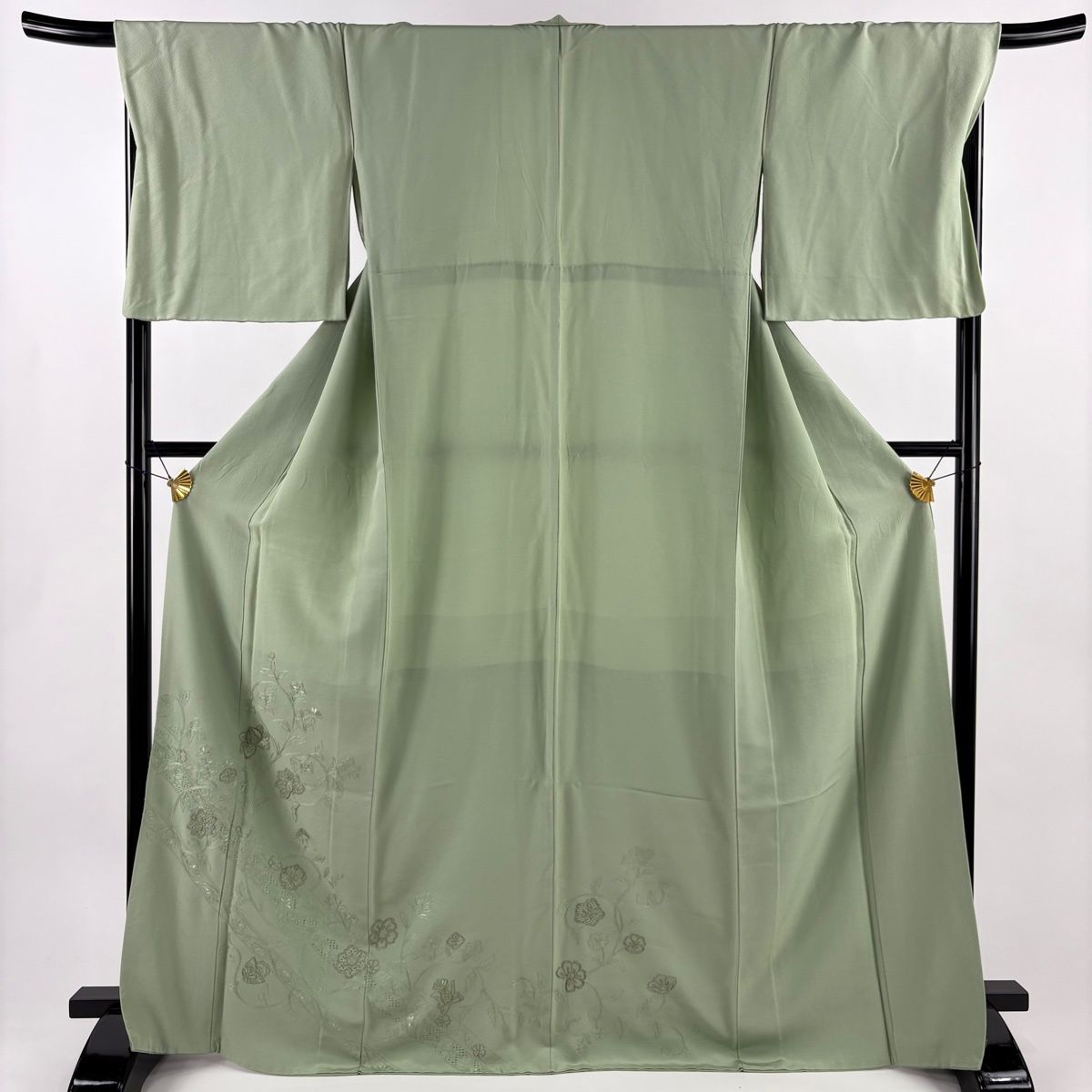 訪問着 身丈168.5cm 裄丈70cm L 袷 花唐草 斜縞 金糸 刺繍 薄紫 正絹 名品 【】