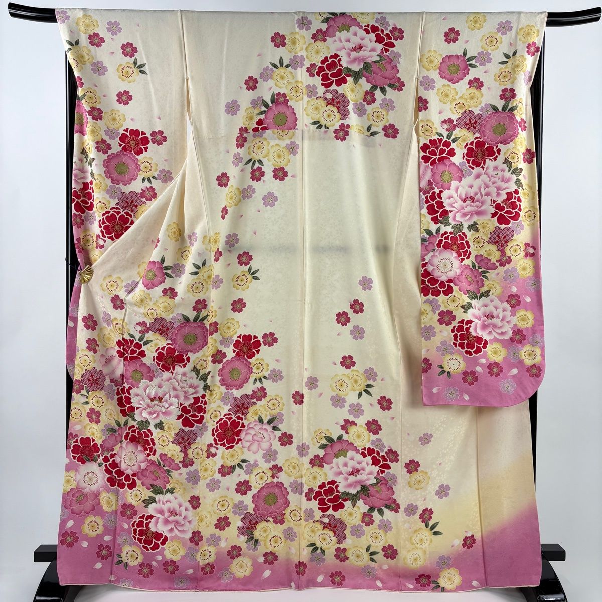 美品】 振袖 身丈168.5cm 裄丈69cm L 袷 牡丹 桜 金彩 箔 薄黄 正絹