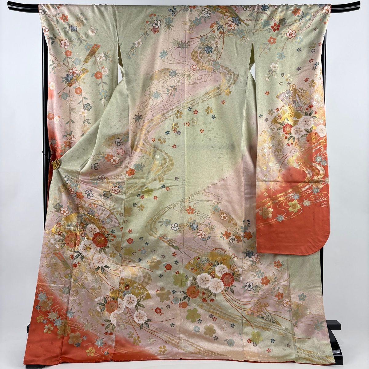 振袖 身丈176cm 裄丈68.5cm L 袷 扇面 桜 金糸 金銀彩 薄ピンク 正絹