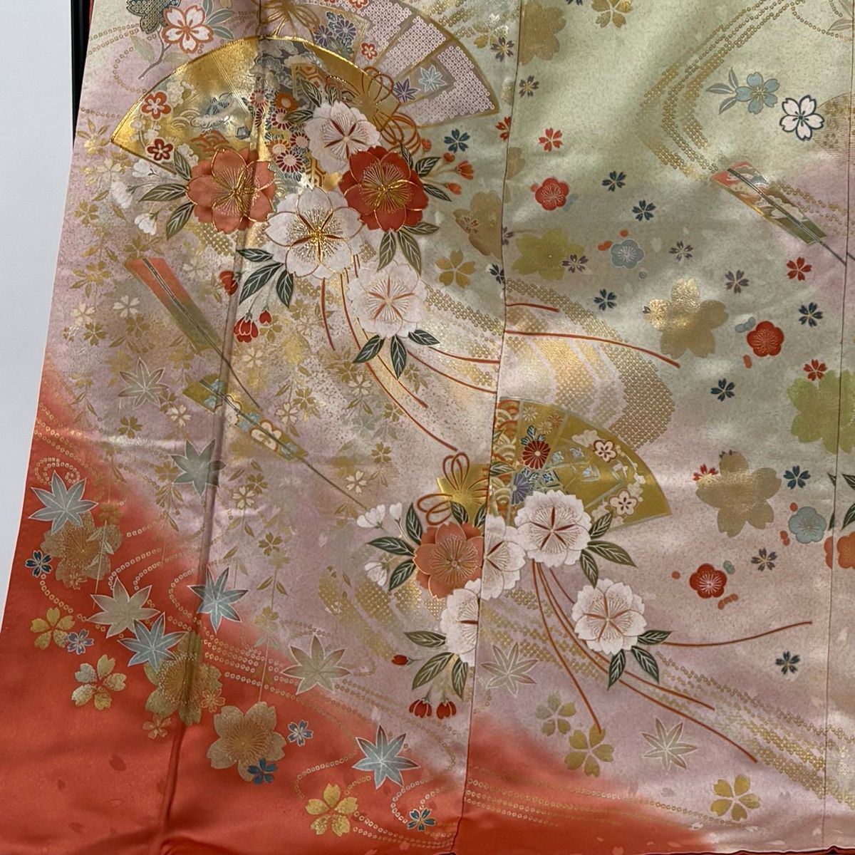 振袖 身丈176 cm 裄丈68.5 L 袷 扇面 桜 金糸 金銀彩 薄ピンク 正絹