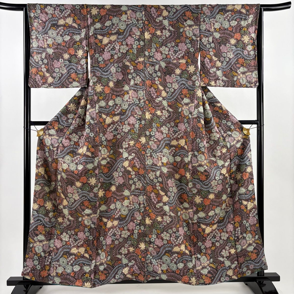 小紋 身丈158cm 裄丈65cm M 袷 辻が花柄 金彩 絞り 茶紫 正絹 名品