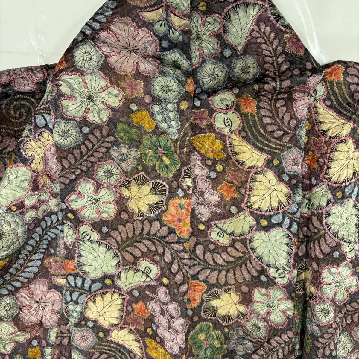 小紋 身丈158cm 裄丈65cm M 袷 辻が花柄 金彩 絞り 茶紫 正絹 名品