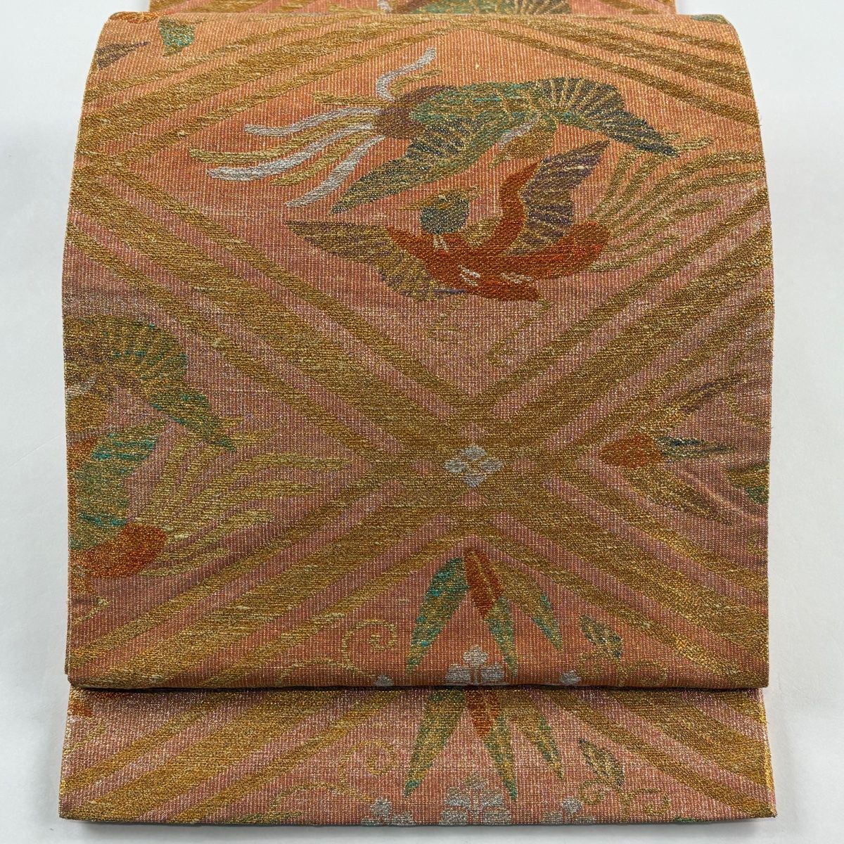 袋帯 桝屋高尾 落款 向かい鳥 菱 金糸 箔 オレンジ 六通 正絹