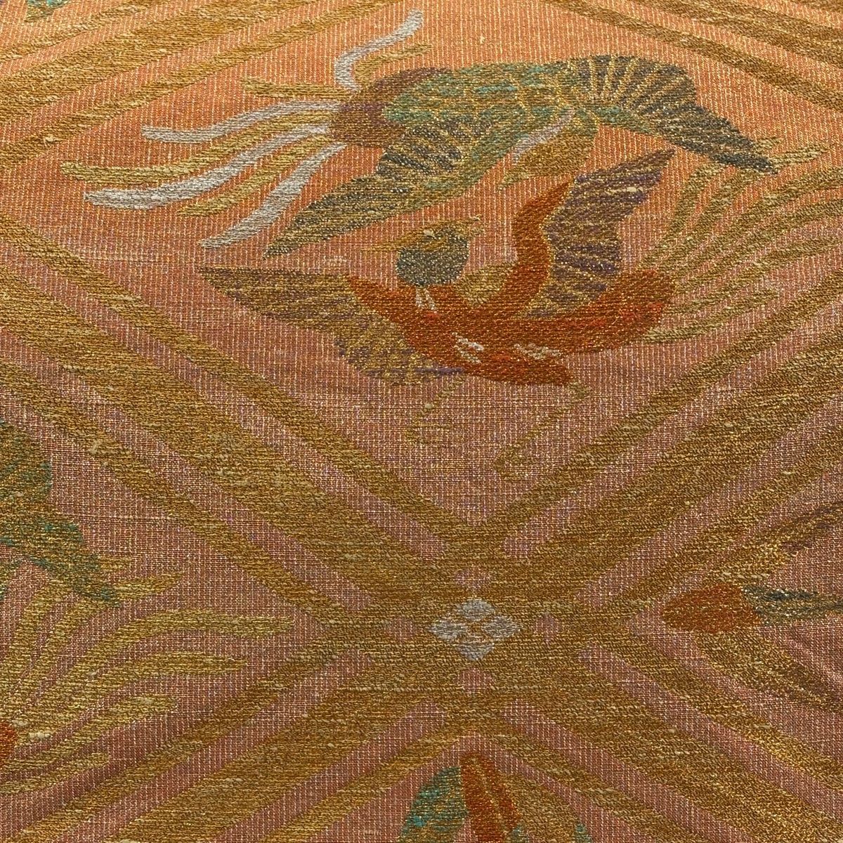 袋帯 桝屋高尾 落款 向かい鳥 菱 金糸 箔 オレンジ 六通 正絹