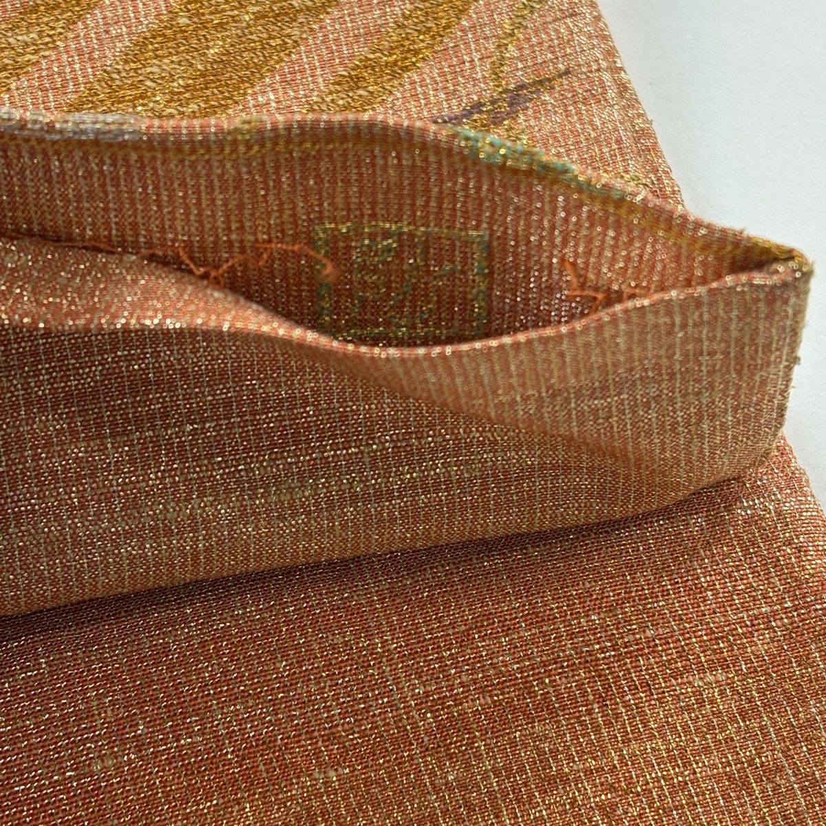  袋帯 桝屋高尾 落款 向かい鳥 菱 金糸 箔 オレンジ 六通 正絹 袋帯 帯