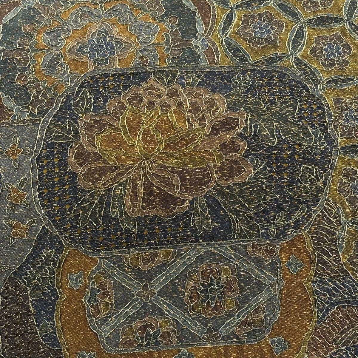 袋帯 華文 草花 金糸 箔 茶緑色 全通 正絹