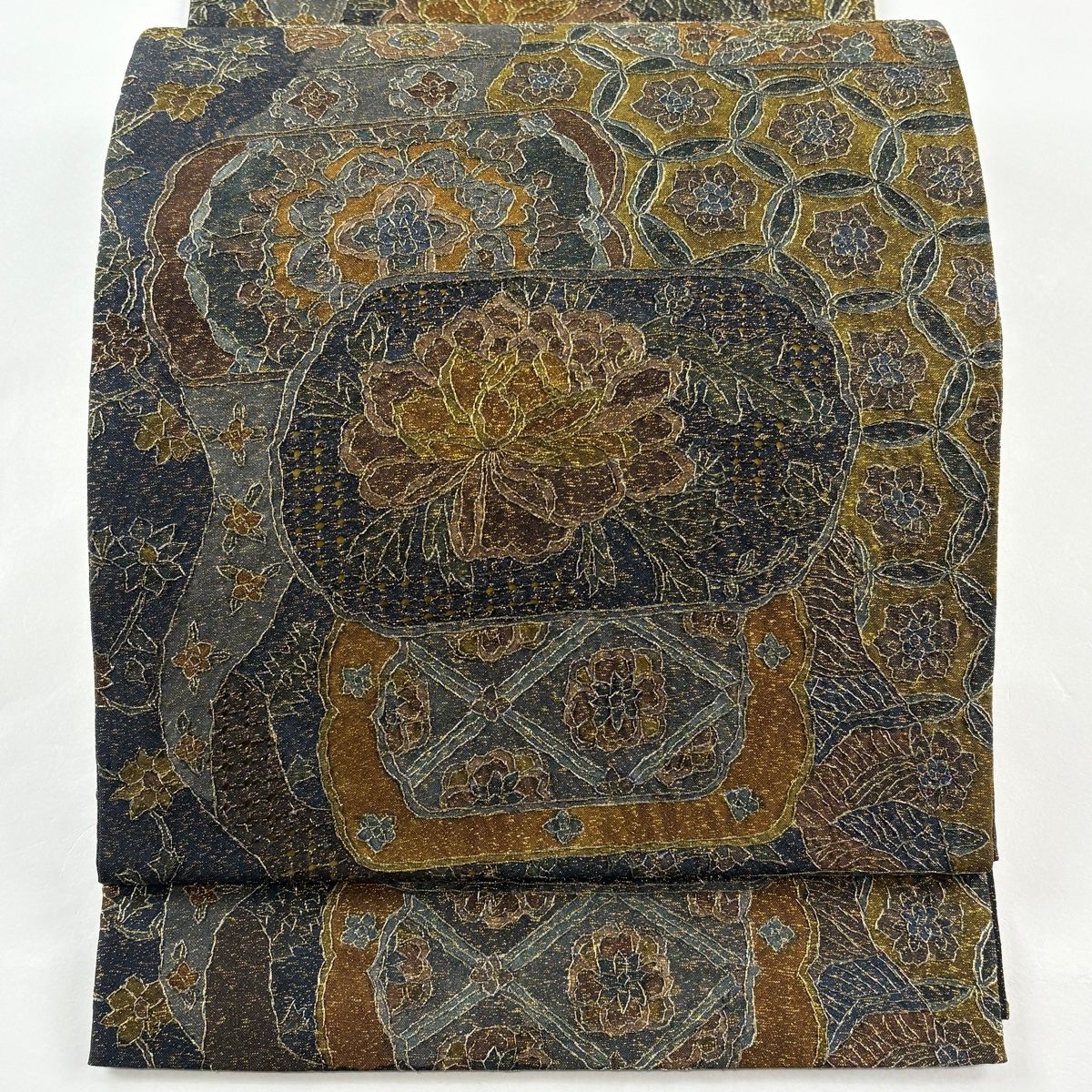 袋帯 華文 草花 金糸 箔 茶緑色 全通 正絹