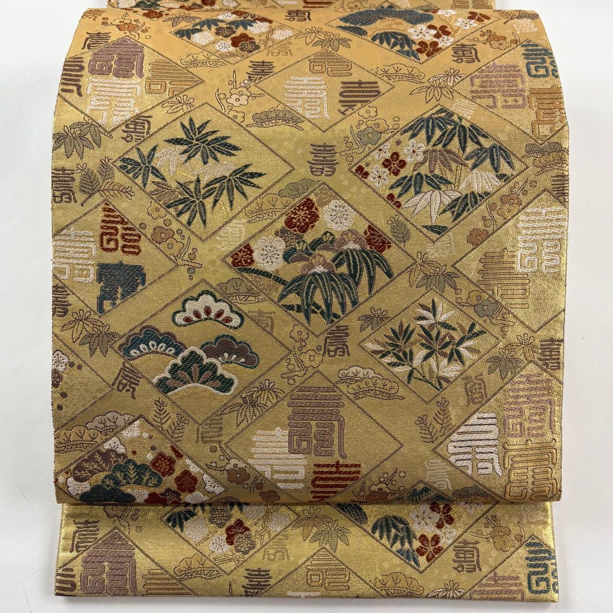 袋帯 落款 証紙 小森草木染工房 本場筑前博多織 佐賀錦 秋月織 菱 松竹梅 金糸 箔 金色 全通 正絹