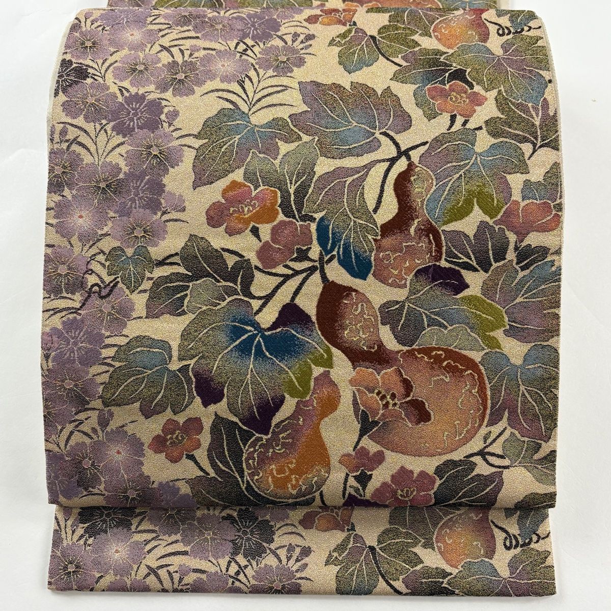 袋帯 とみや織物 落款 証紙 紹巴綴 瓢箪 草花 箔 ベージュ 全通 正絹