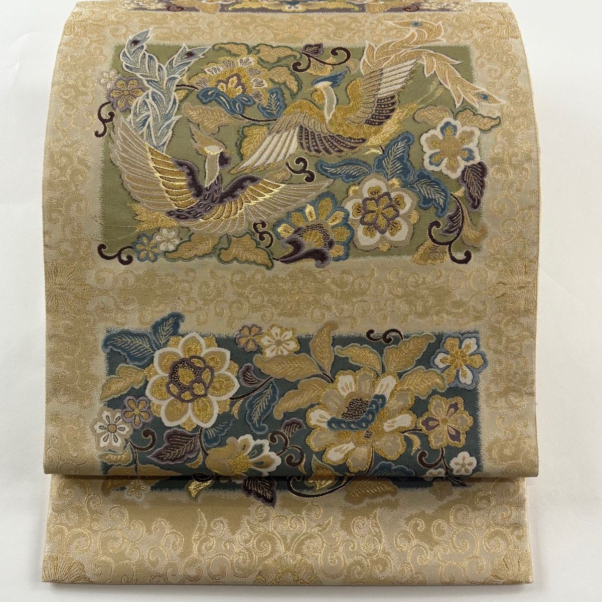美品】 袋帯 逸品 となみ織物 証紙 鳳凰 華文 金糸 箔 ベージュ 六通