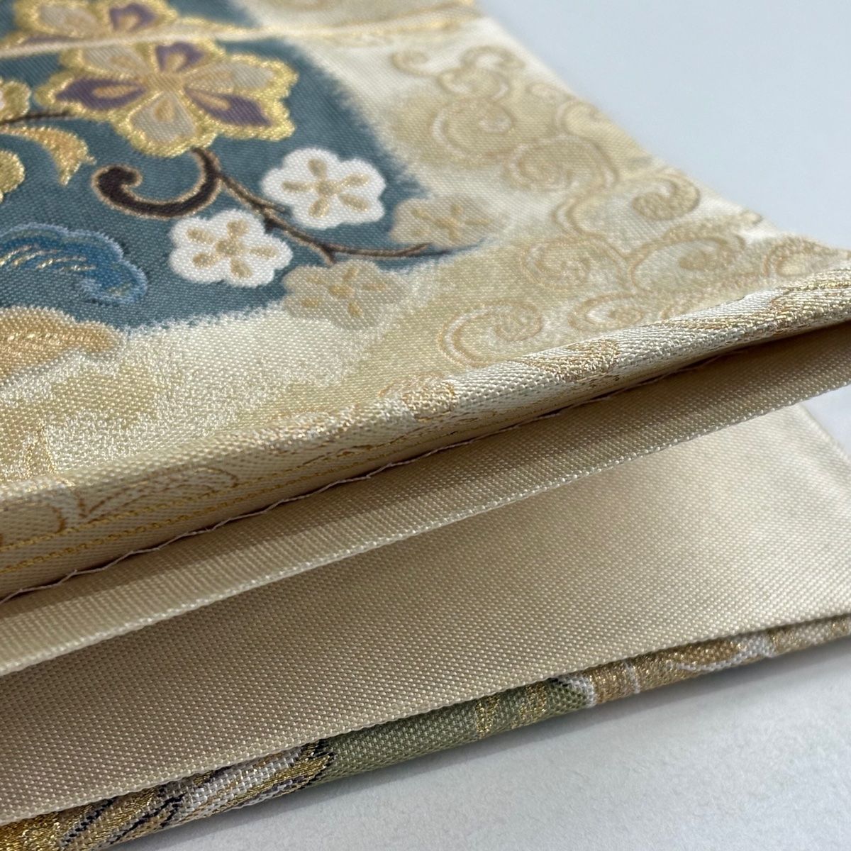 美品】 袋帯 逸品 となみ織物 証紙 鳳凰 華文 金糸 箔 ベージュ 六通