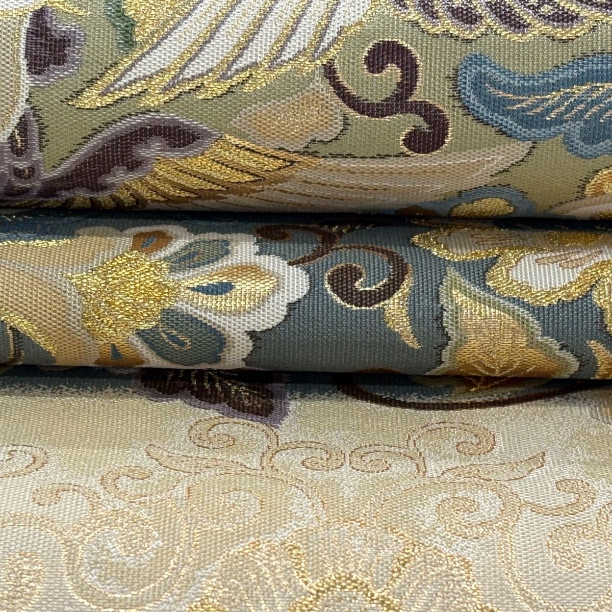 美品】 袋帯 逸品 となみ織物 証紙 鳳凰 華文 金糸 箔 ベージュ 六通
