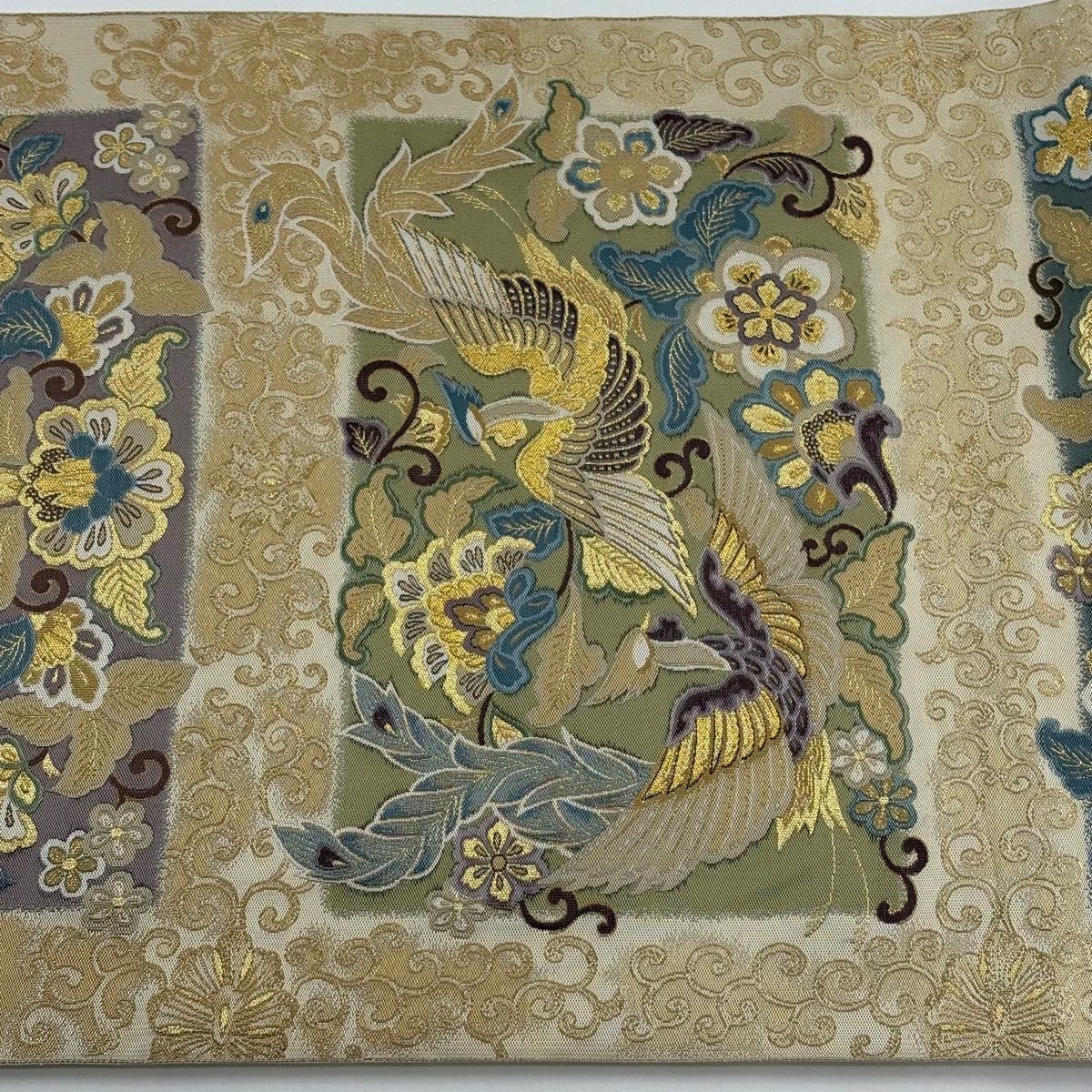 美品】 袋帯 逸品 となみ織物 証紙 鳳凰 華文 金糸 箔 ベージュ 六通