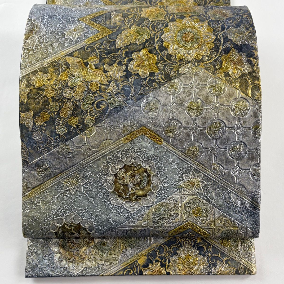 袋帯 華文 花鳥 金銀彩 銀色 六通 正絹