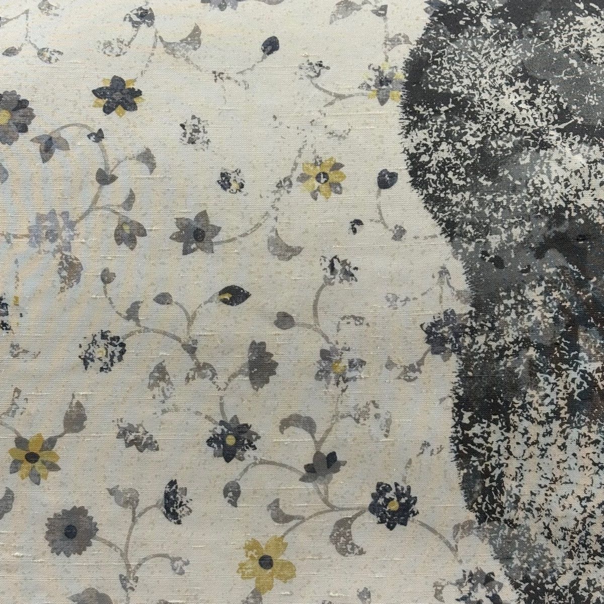 袋帯 落款 牛首紬地 草花 クリーム 全通 正絹