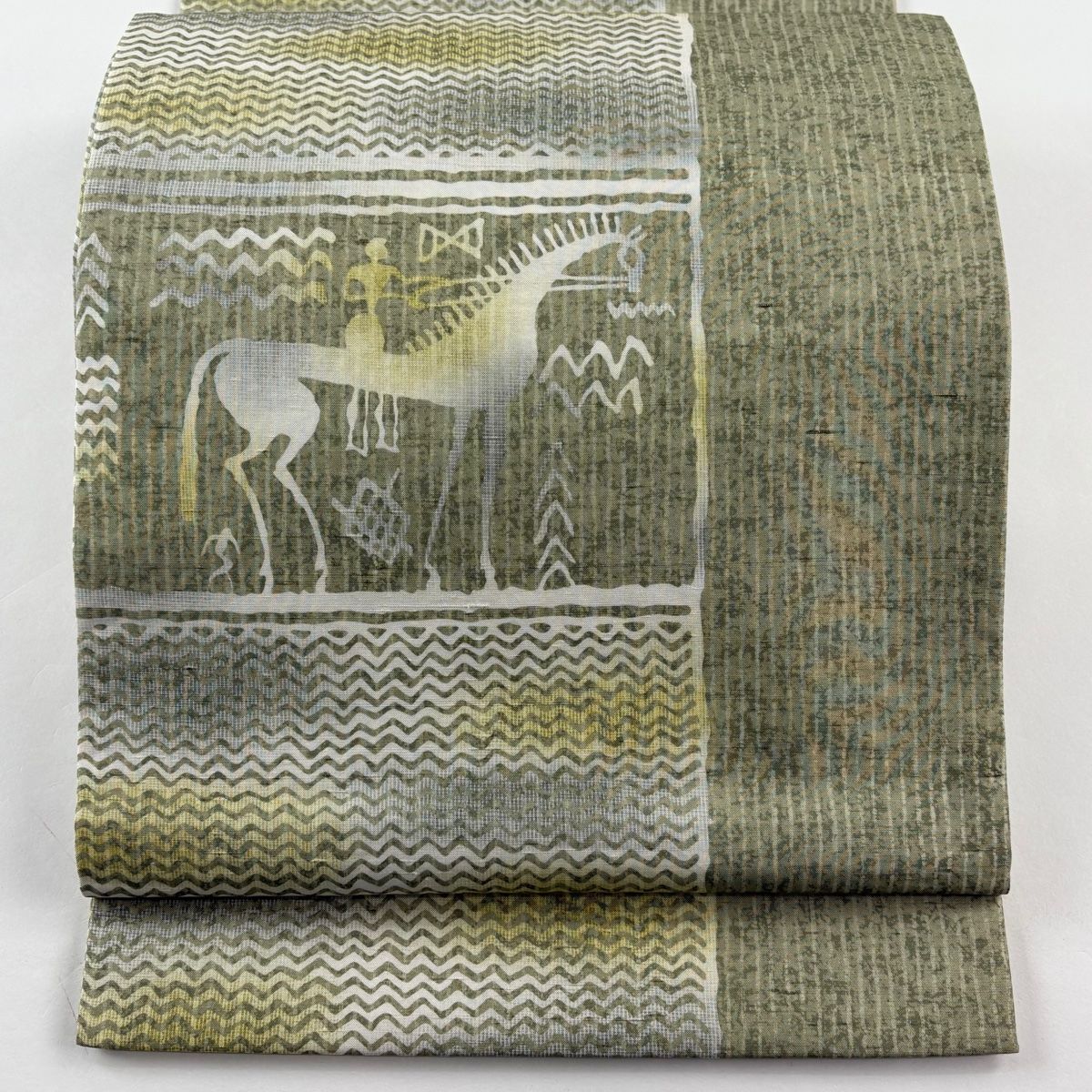 袋帯 落款 牛首紬地 馬 人物 灰緑 全通 正絹