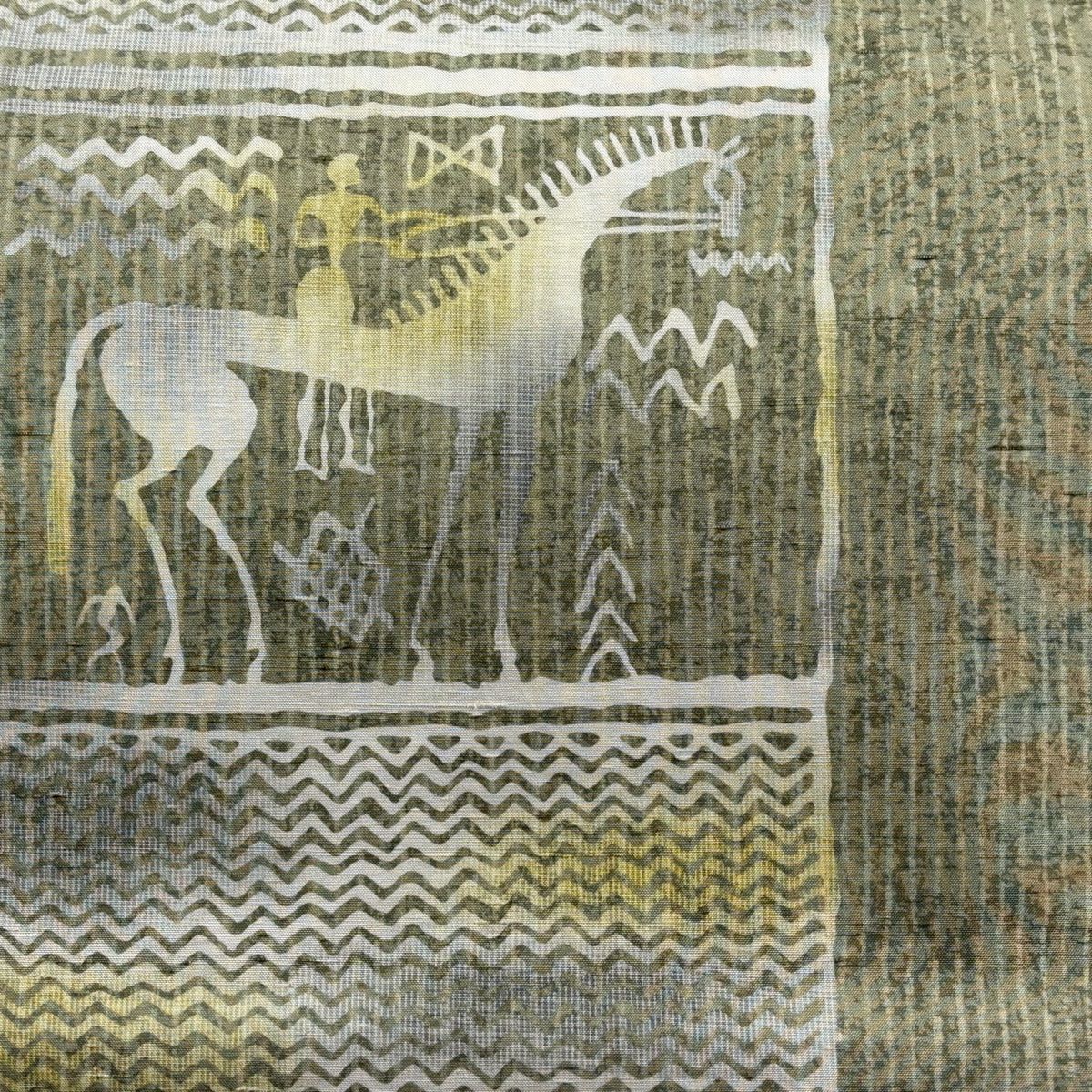 袋帯 落款 牛首紬地 馬 人物 灰緑 全通 正絹