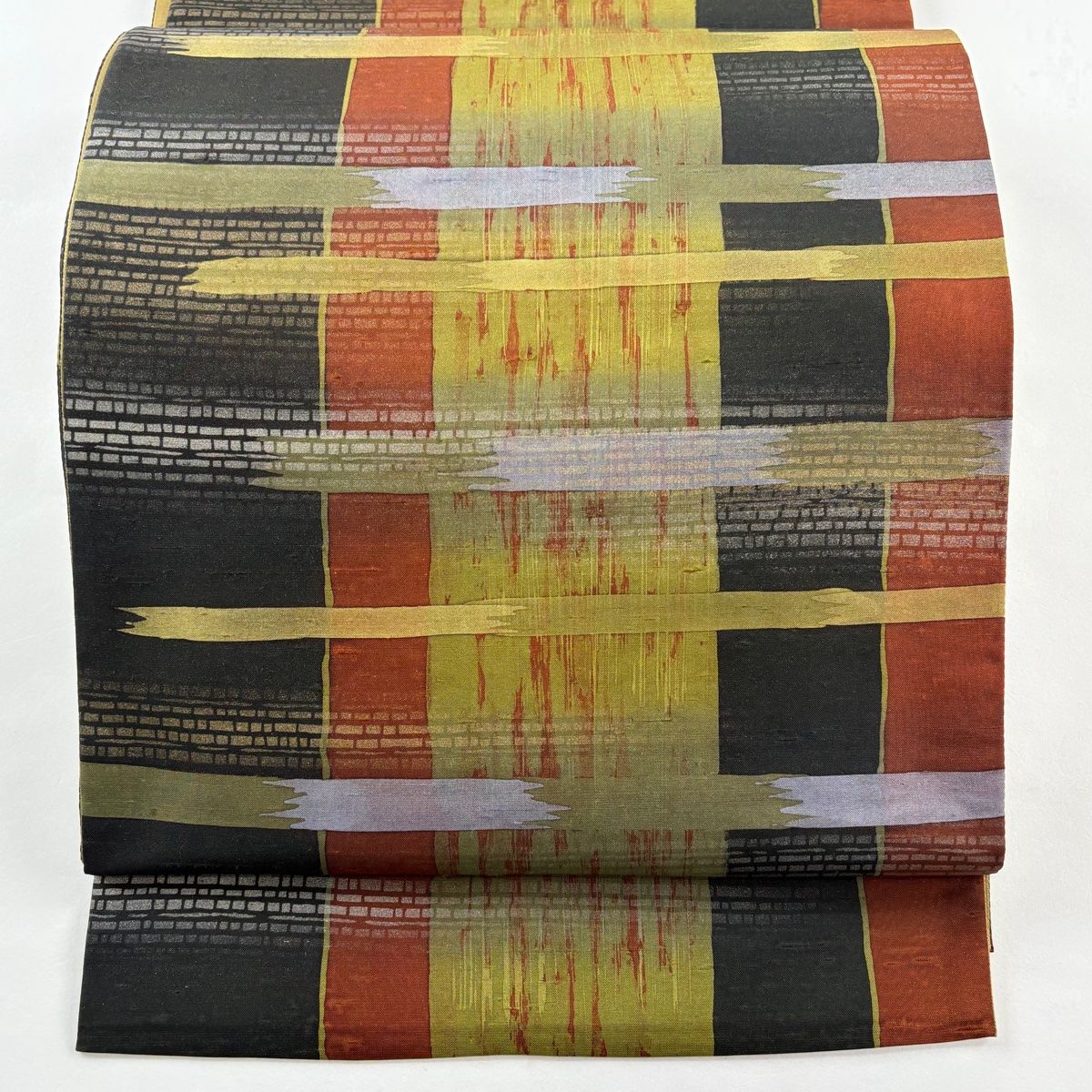 袋帯 落款 牛首紬地 縞 幾何学模様 金銀彩 茶緑色 全通 正絹