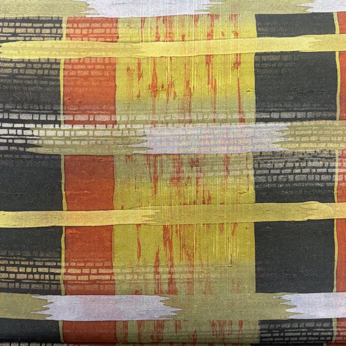 袋帯 落款 牛首紬地 縞 幾何学模様 金銀彩 茶緑色 全通 正絹