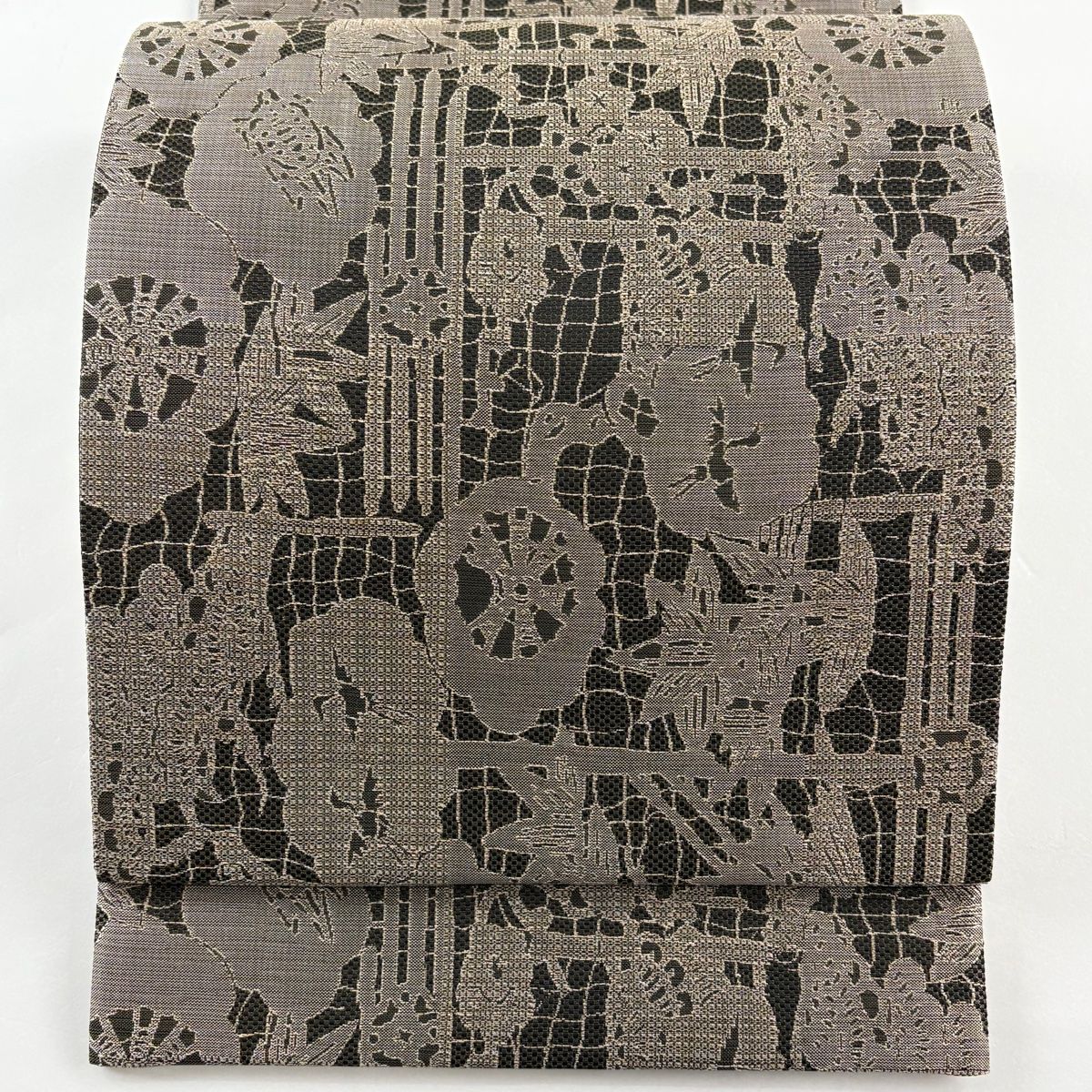 袋帯 斉藤上太郎 落款 松竹梅 鶴亀 灰茶 六通 正絹