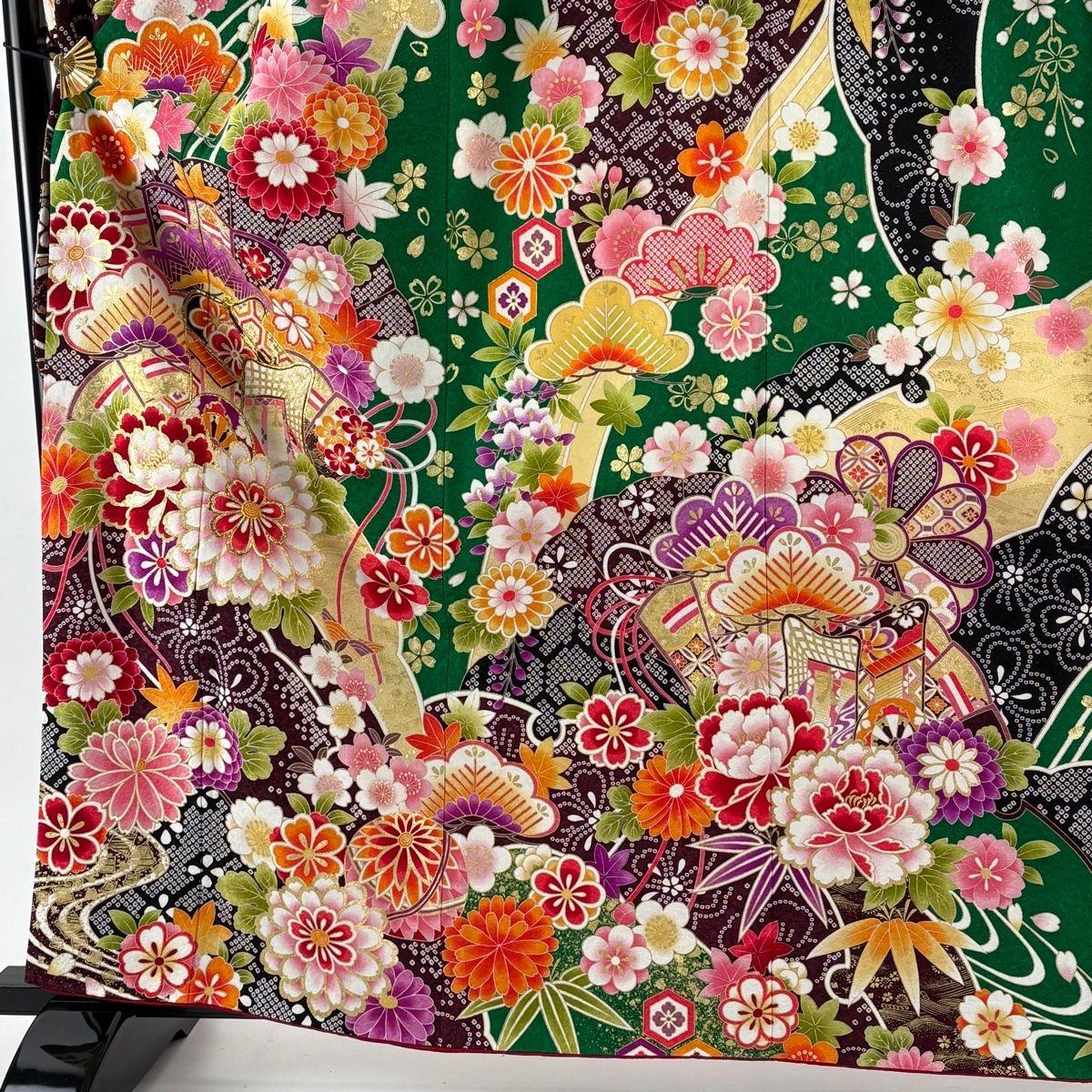 振袖 身丈161 cm 裄丈67 M 袷 御所車 菊 銀通し 金彩 緑 正絹