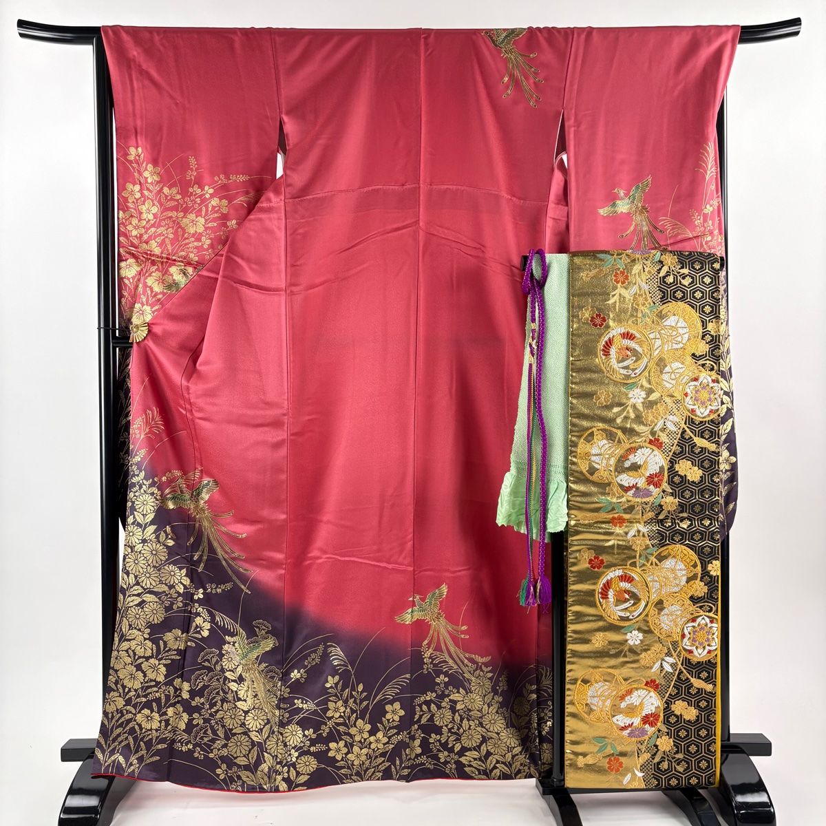 振袖 身丈165.5 cm 裄丈68 L 袷 袋帯フルセット 鳳凰 草花 金彩 ぼかし 濃ピンク 正絹 秀品