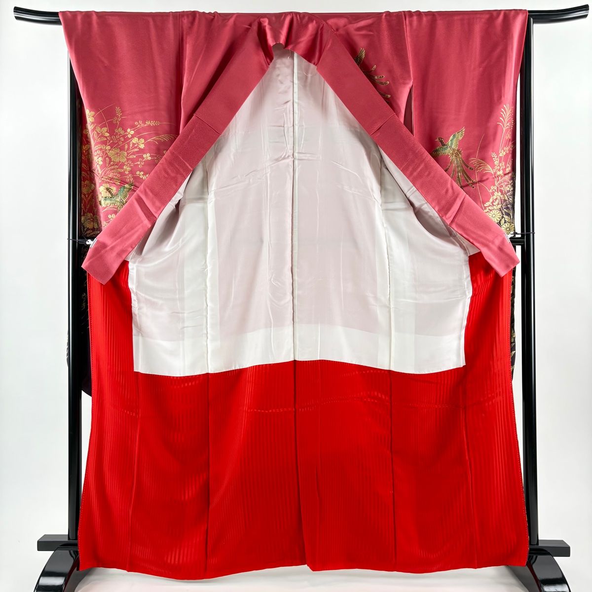  振袖 身丈165 5 cm 裄丈68 L 袷 袋帯フルセット 鳳凰 草花 金彩 ぼかし 濃ピンク 正絹 秀品 振袖 着物