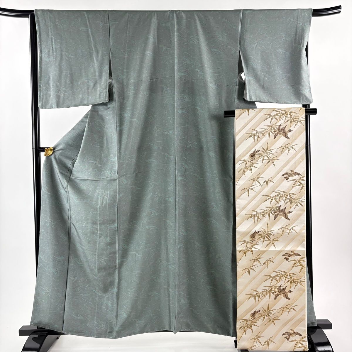 小紋 身丈162 cm 裄丈66 5 M 袷 袋帯セット 証紙 墨流し 灰緑 正絹