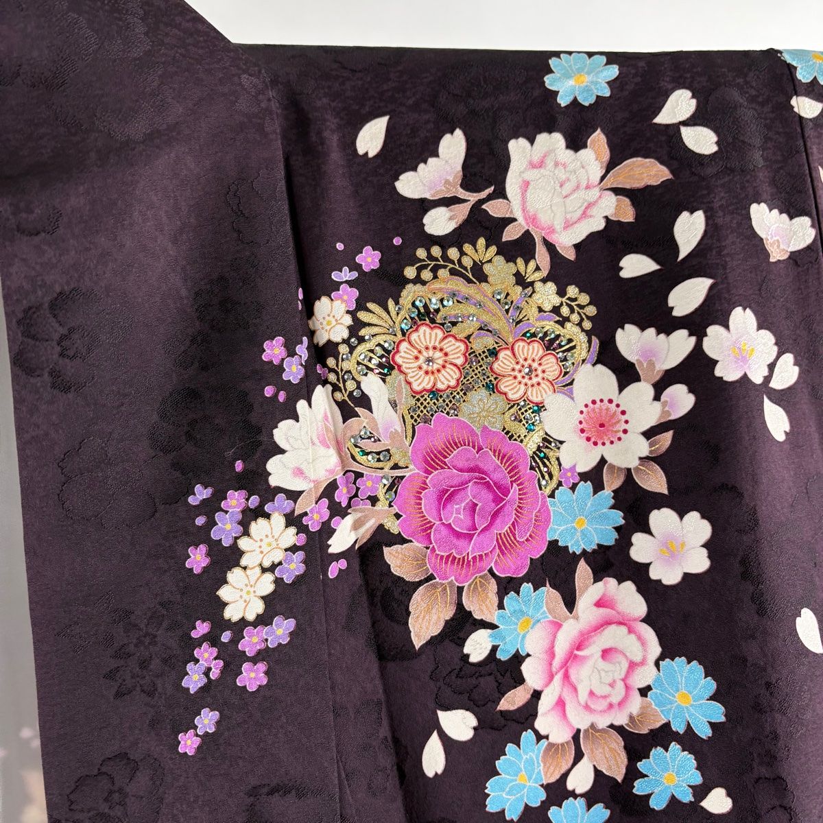  振袖 身丈165.5 cm 裄丈65.5 M 袷 袋帯フルセット 薔薇 桜 金銀彩 箔 茶紫 正絹 振袖 着物