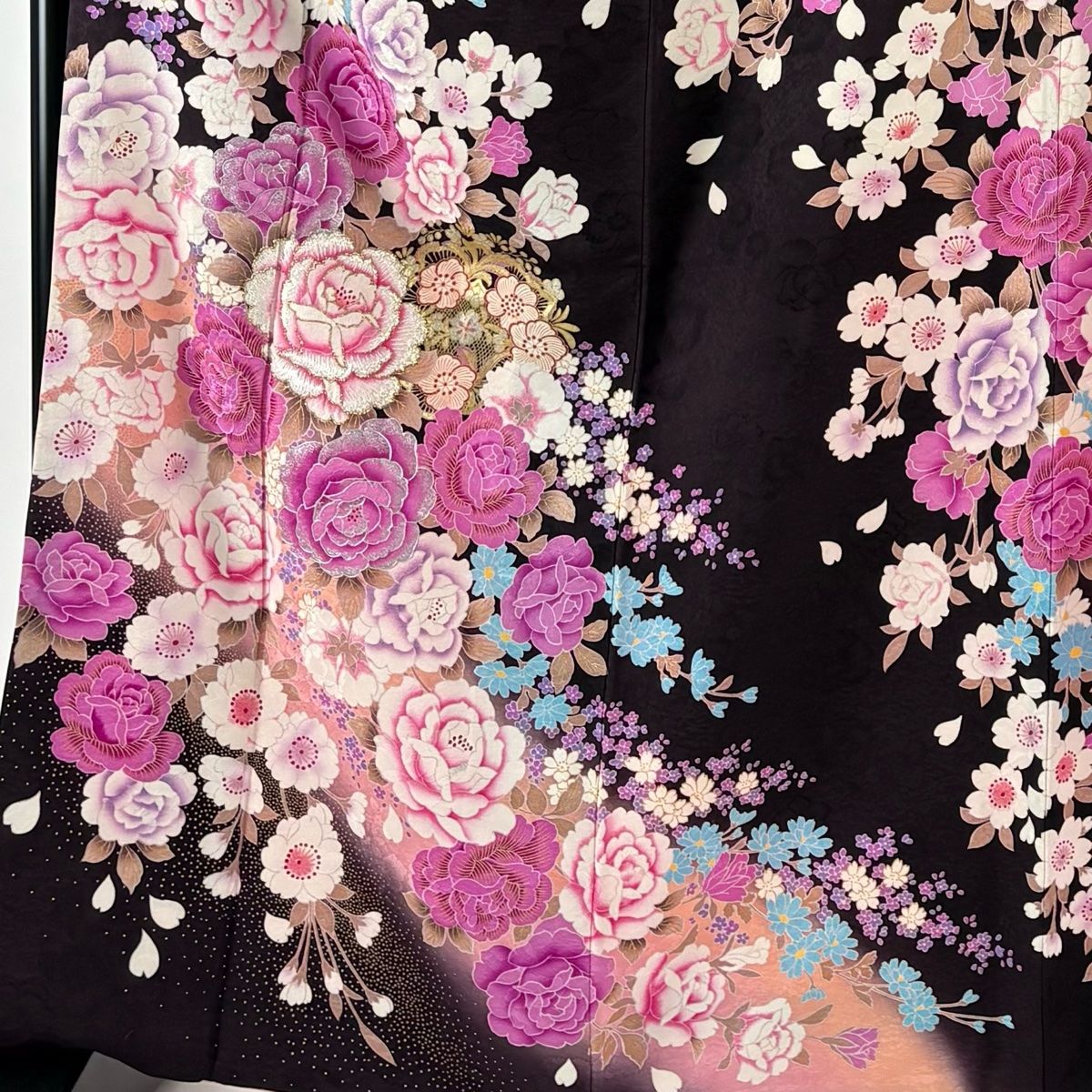 振袖 身丈165.5 cm 裄丈65.5 M 袷 袋帯フルセット 薔薇 桜 金銀彩 箔 茶紫 正絹