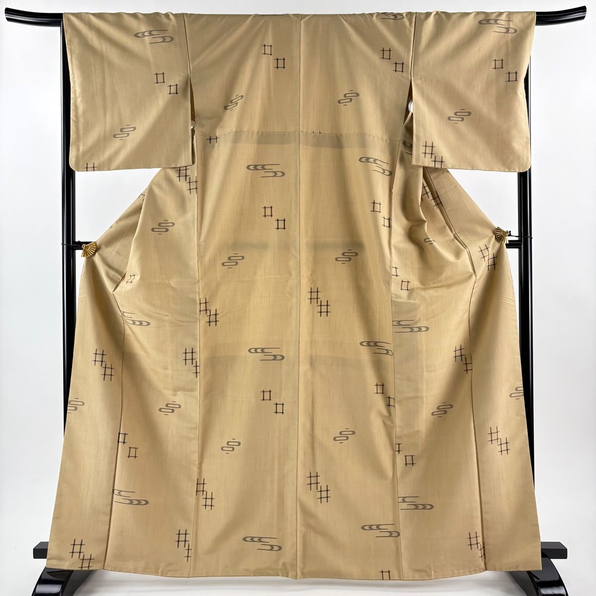 美品】 紬 身丈166.5cm 裄丈67.5cm L 袷 名古屋帯セット 井桁 流水