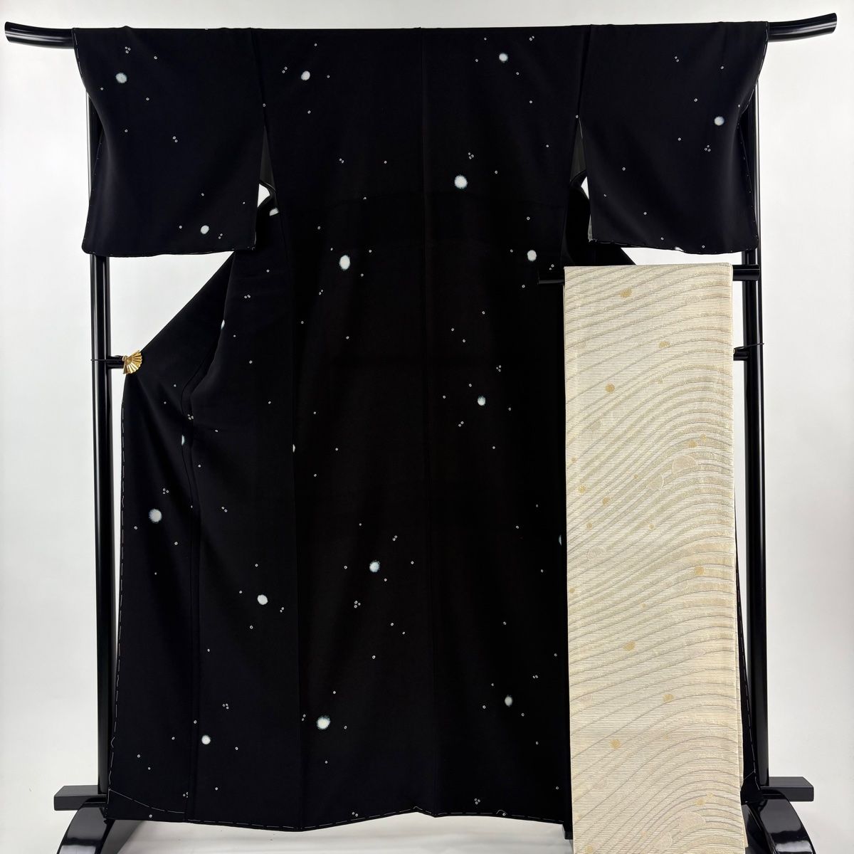 小紋 身丈165 cm 裄丈68.5 L 袷 袋帯セット 霰 黒 正絹 秀品