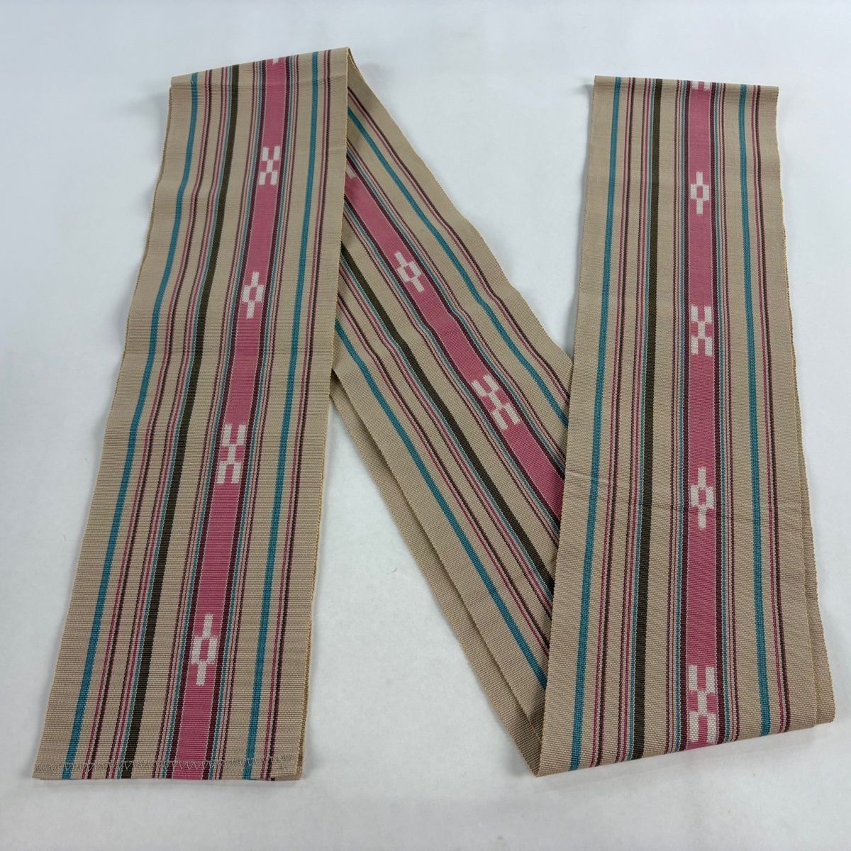  半幅帯 秀品 縞 幾何学模様 ベージュ 綿 半巾 半幅 小袋帯 帯