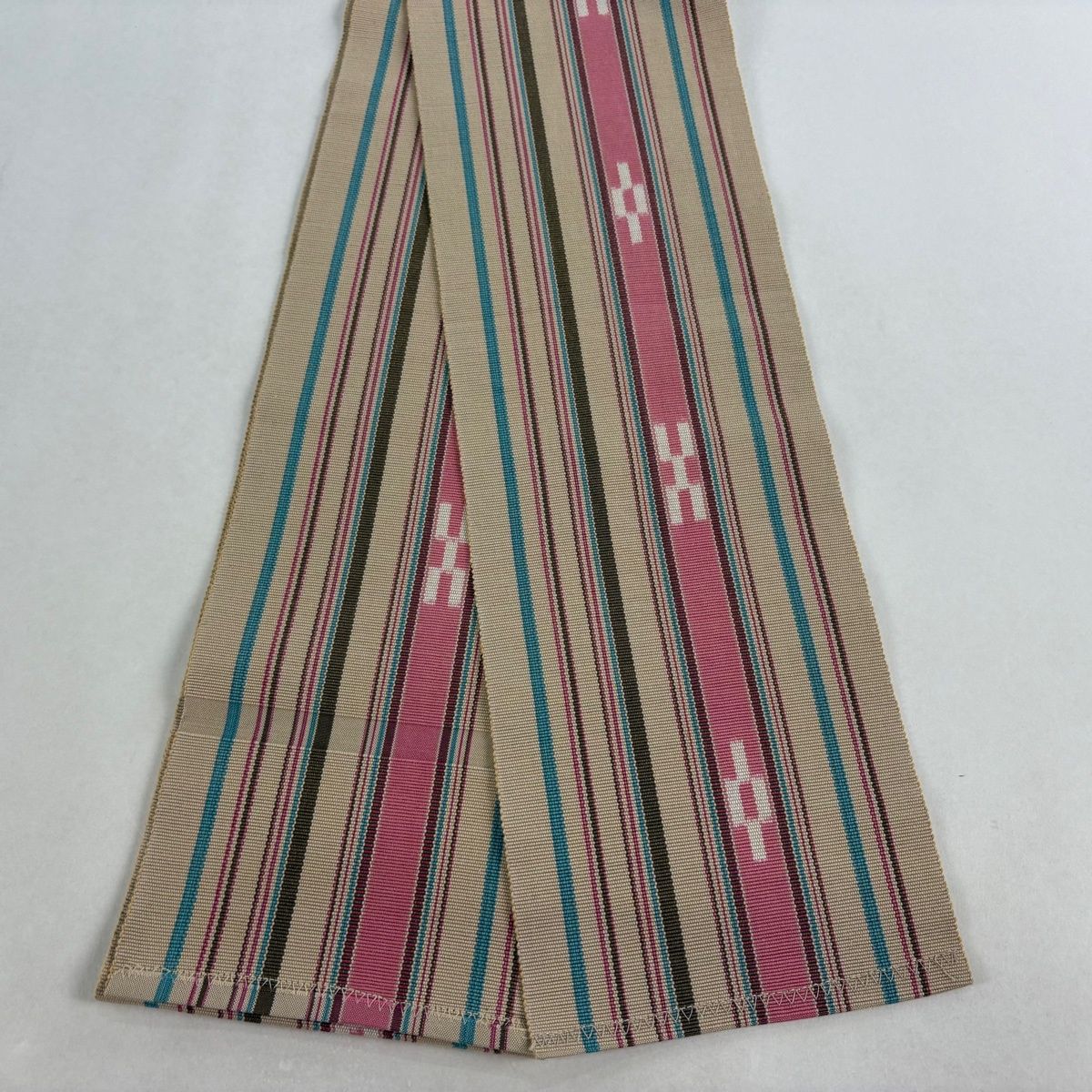 半幅帯 秀品 縞 幾何学模様 ベージュ 綿