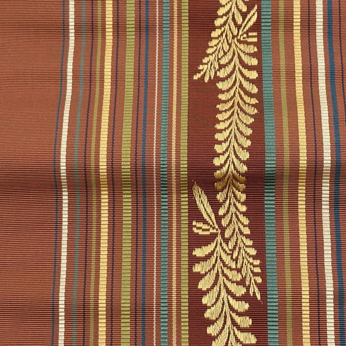 半幅帯 優品 証紙 本場筑前博多織 葉柄 縞 茶色 正絹