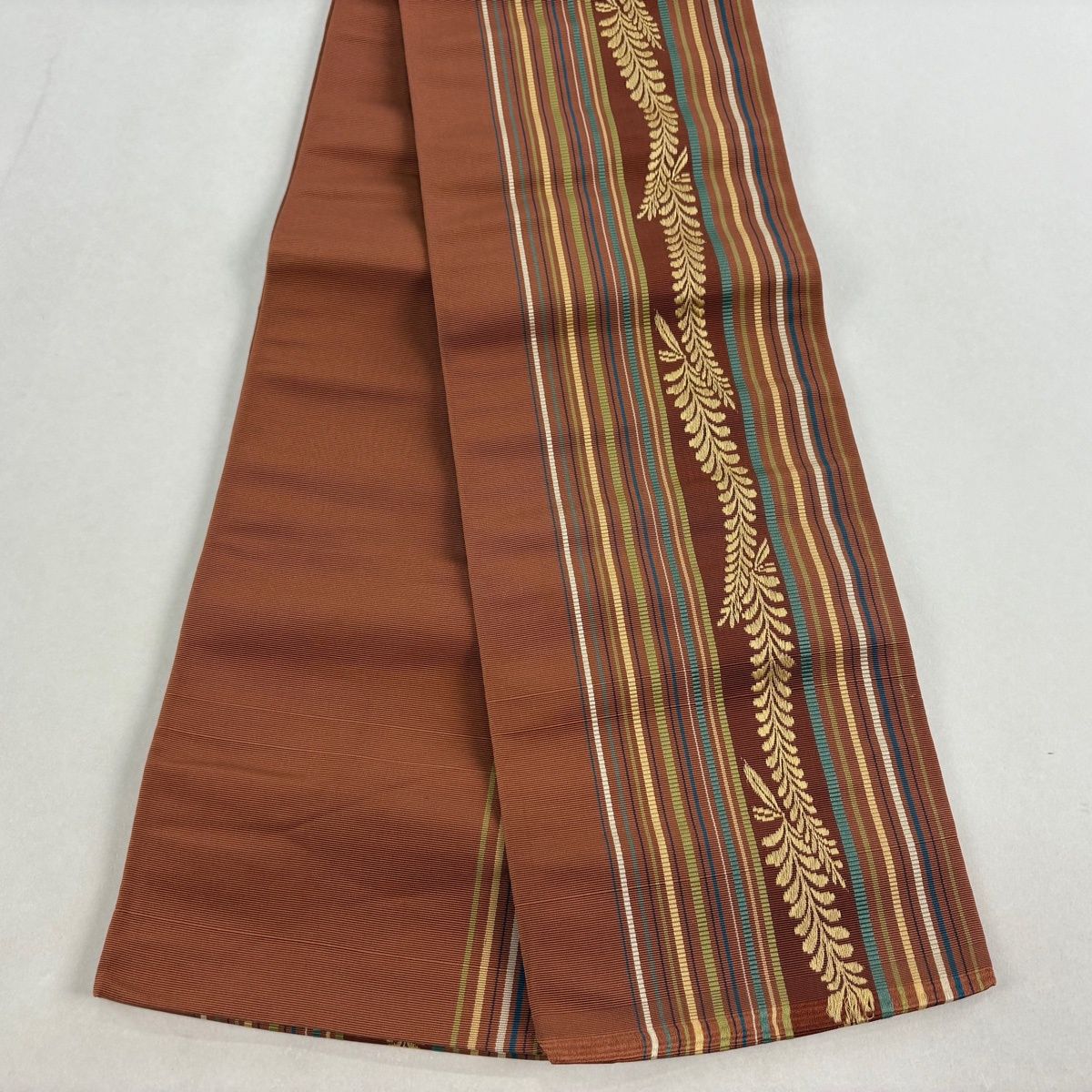 半幅帯 優品 証紙 本場筑前博多織 葉柄 縞 茶色 正絹