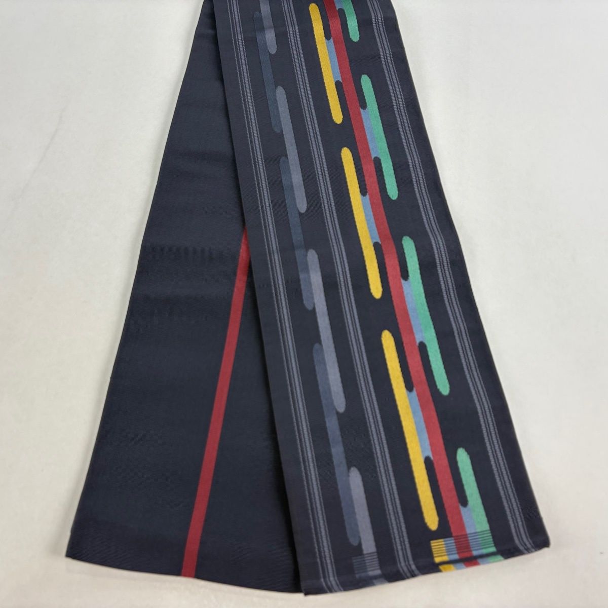 半幅帯 優品 証紙 本場筑前博多織 縞 ヱ霞 墨色 正絹