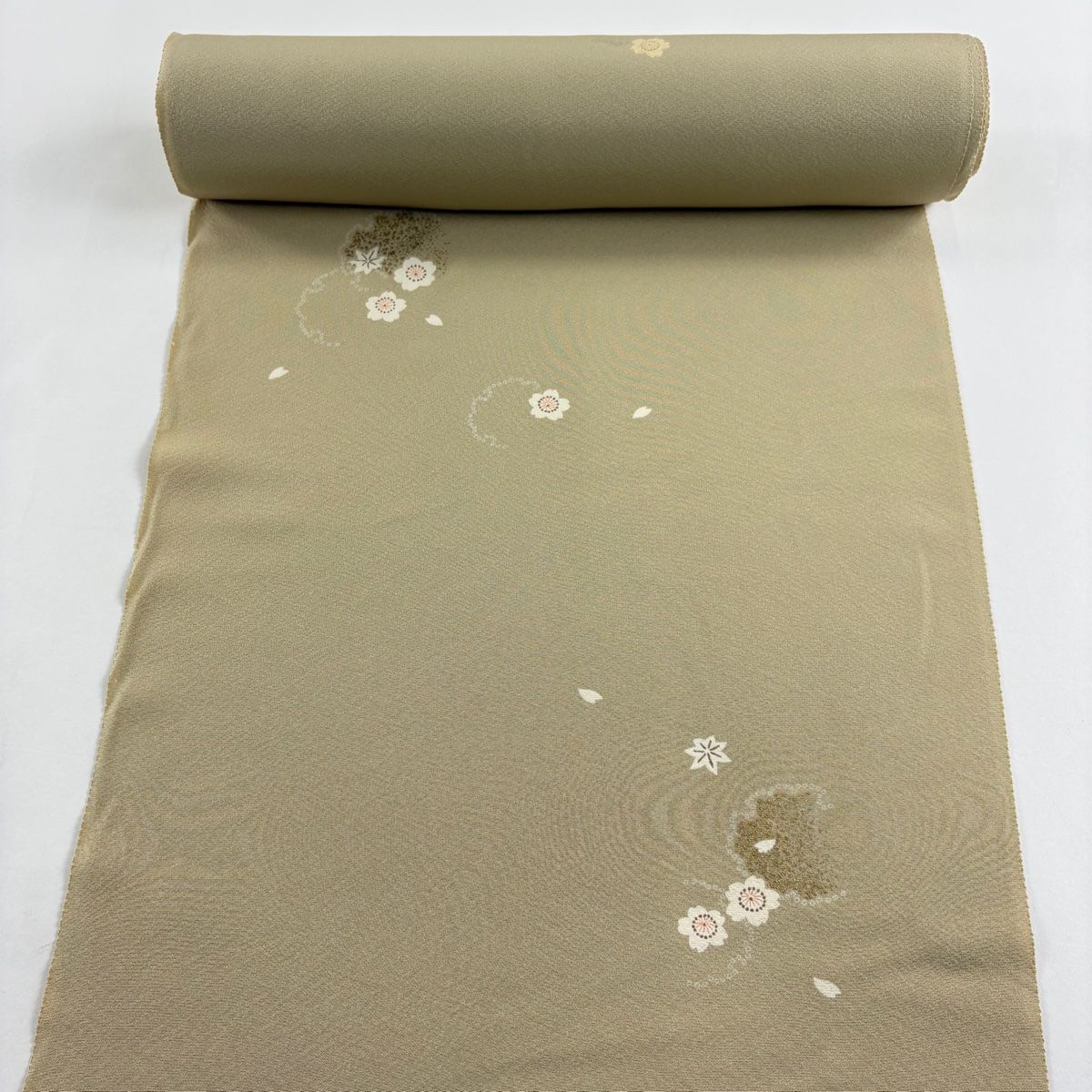 反物 秀品 小紋 雪輪 桜 金彩 ベージュ 正絹
