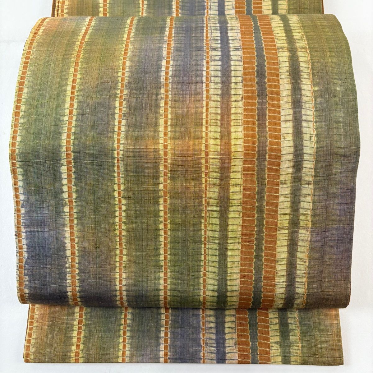 袋帯 秀品 紬地 縞 ぼかし 茶緑色 全通 正絹