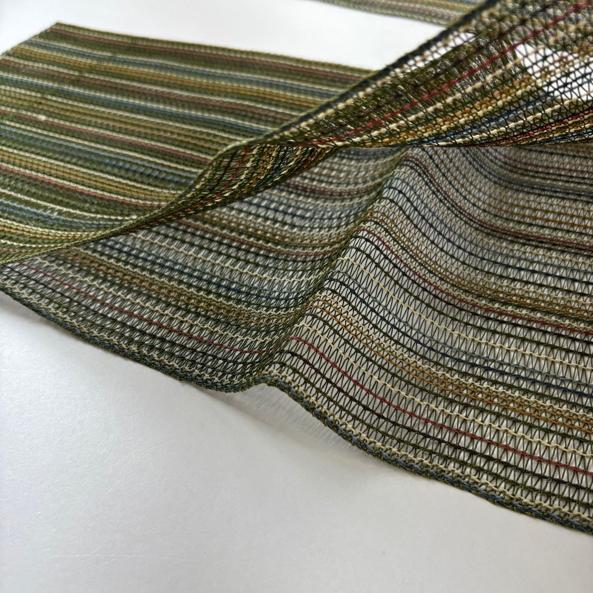 美品】 名古屋帯 秀品 夏帯 八寸名古屋帯 縦縞 縞 茶緑色 正絹 【中古