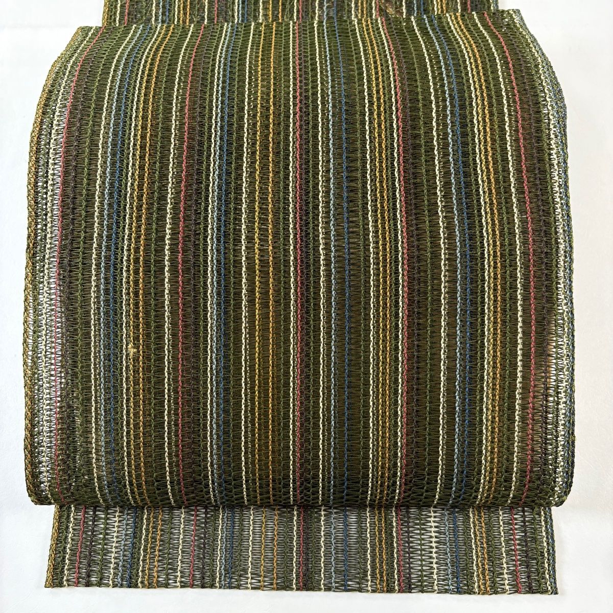 美品】 名古屋帯 秀品 夏帯 八寸名古屋帯 縦縞 縞 茶緑色 正絹 【中古