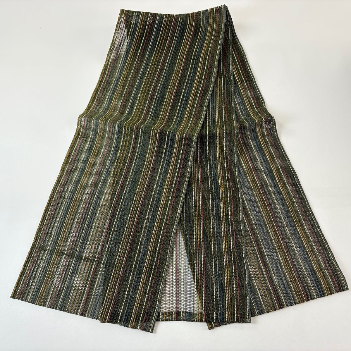 美品】 名古屋帯 秀品 夏帯 八寸名古屋帯 縦縞 縞 茶緑色 正絹 【中古